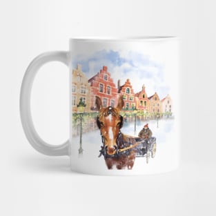 Horse carriage on Christmas Markt square in Brugge, Belgium Mug